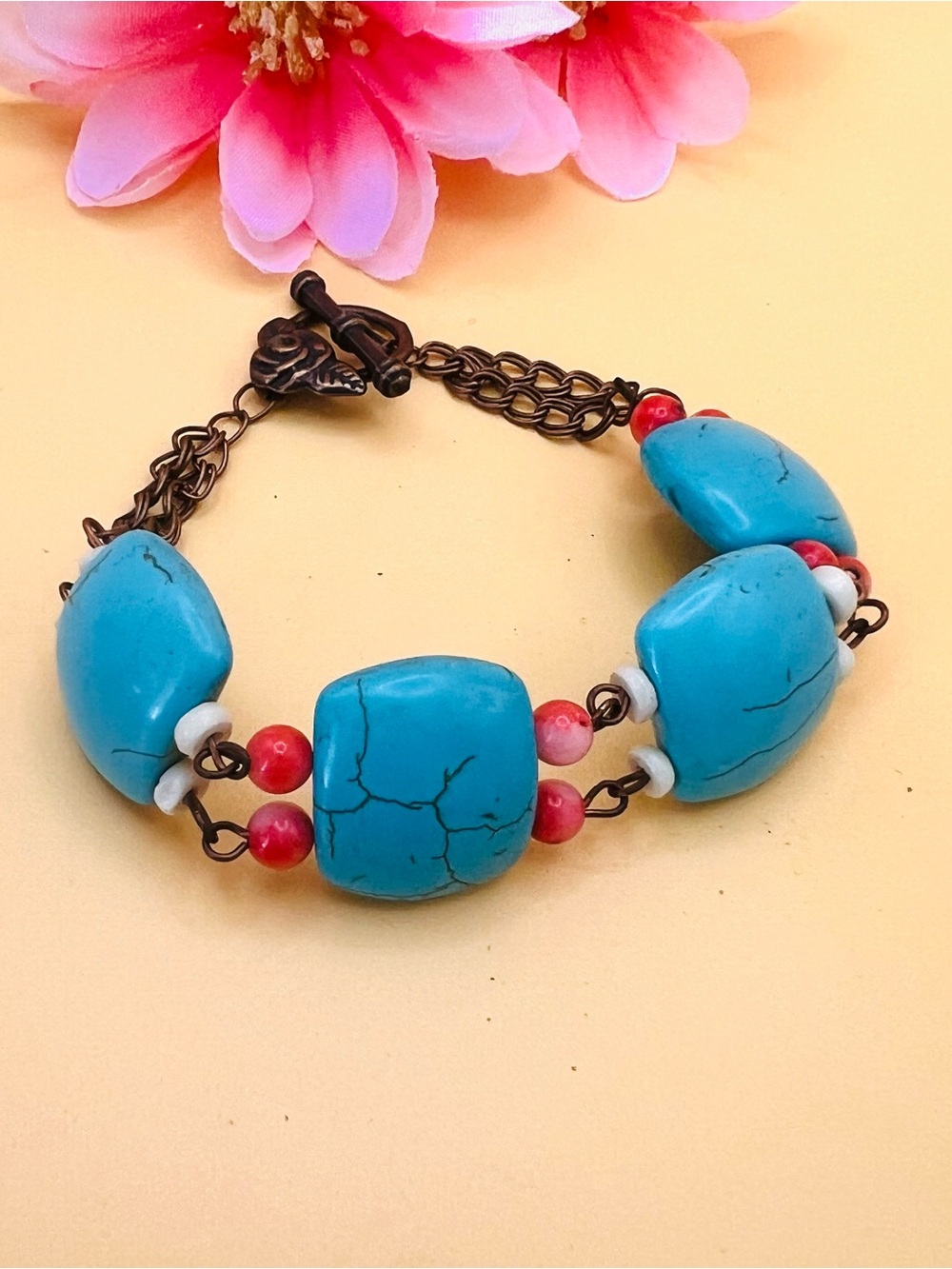 Southwestern Style Turquoise & Coral copper Beaded Bracelet